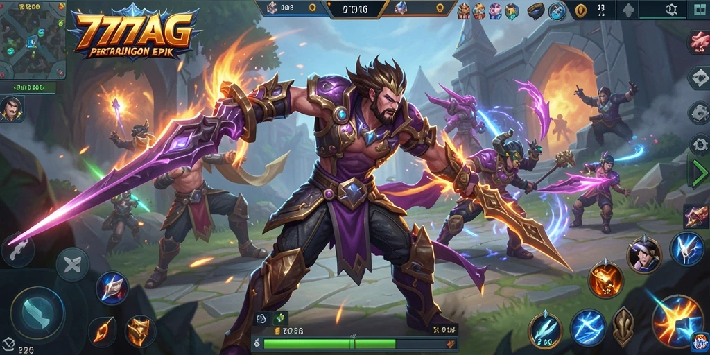Screenshot gameplay 777AG menampilkan pertempuran tim MOBA yang intens.