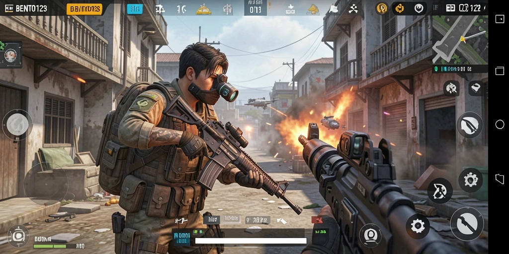 Screenshot utama BENTO123 menampilkan aksi mendebarkan dalam pertempuran FPS.