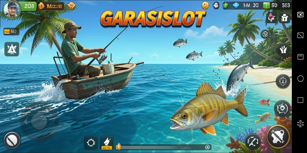 Screenshot gameplay GARASISLOT menampilkan aksi seru memancing.