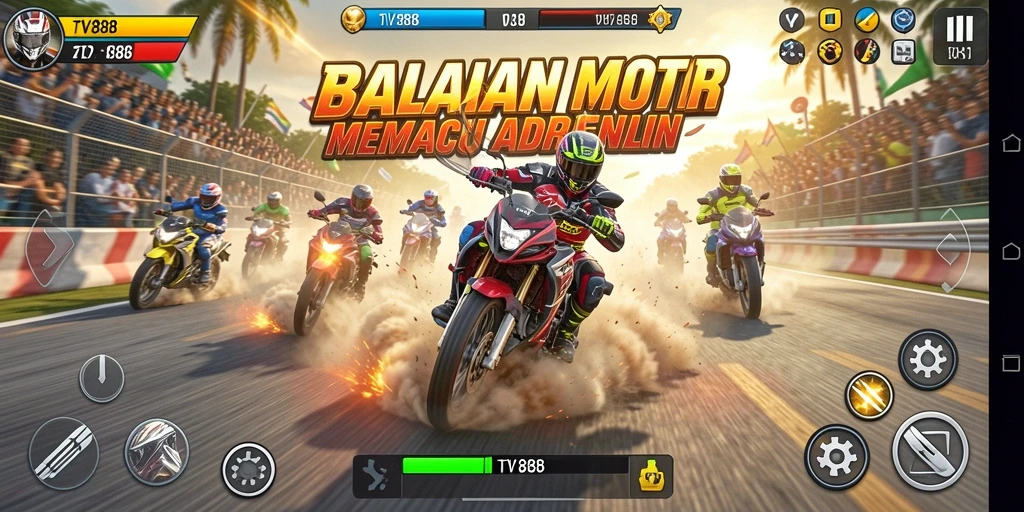 Screenshot gameplay TV888 yang penuh aksi balapan motor.